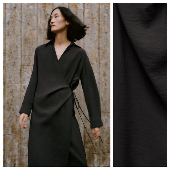 NWT. Zara ZW COLLECTION Anthracite Grey Viscose +Wrap Midi Shirtdress. Size L. - Picture 3 of 11